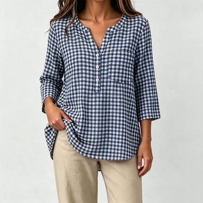 Women's Gingham V Neck 3/4 Sleeve Loose Casual Blouse