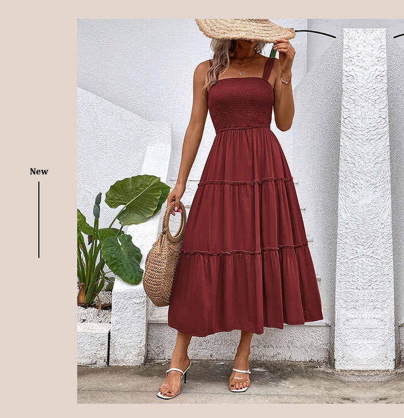 Women's Square Neck Smocked Tiered Midi Summer Dress