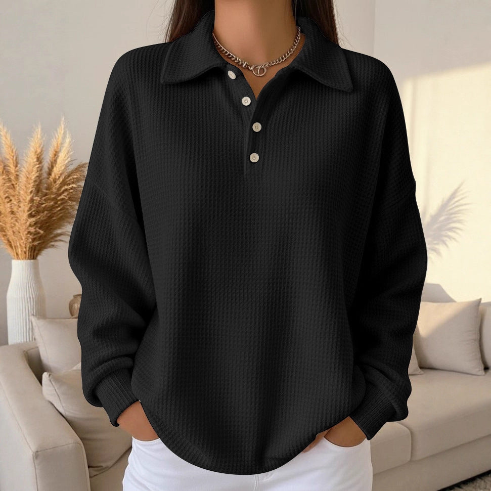 Women's Oversized Waffle Knit Polo Shirt Long Sleeve Top