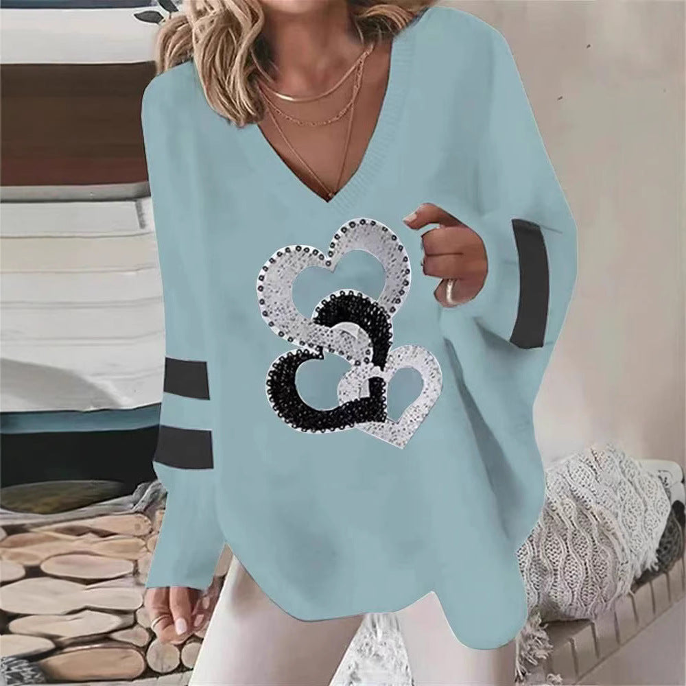Women's Oversized V-Neck Heart Sweatshirt Long Sleeve