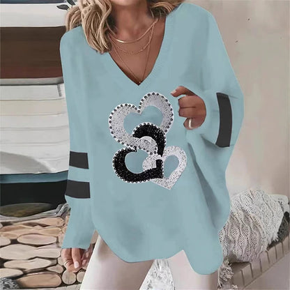 Women's Oversized V-Neck Heart Sweatshirt Long Sleeve