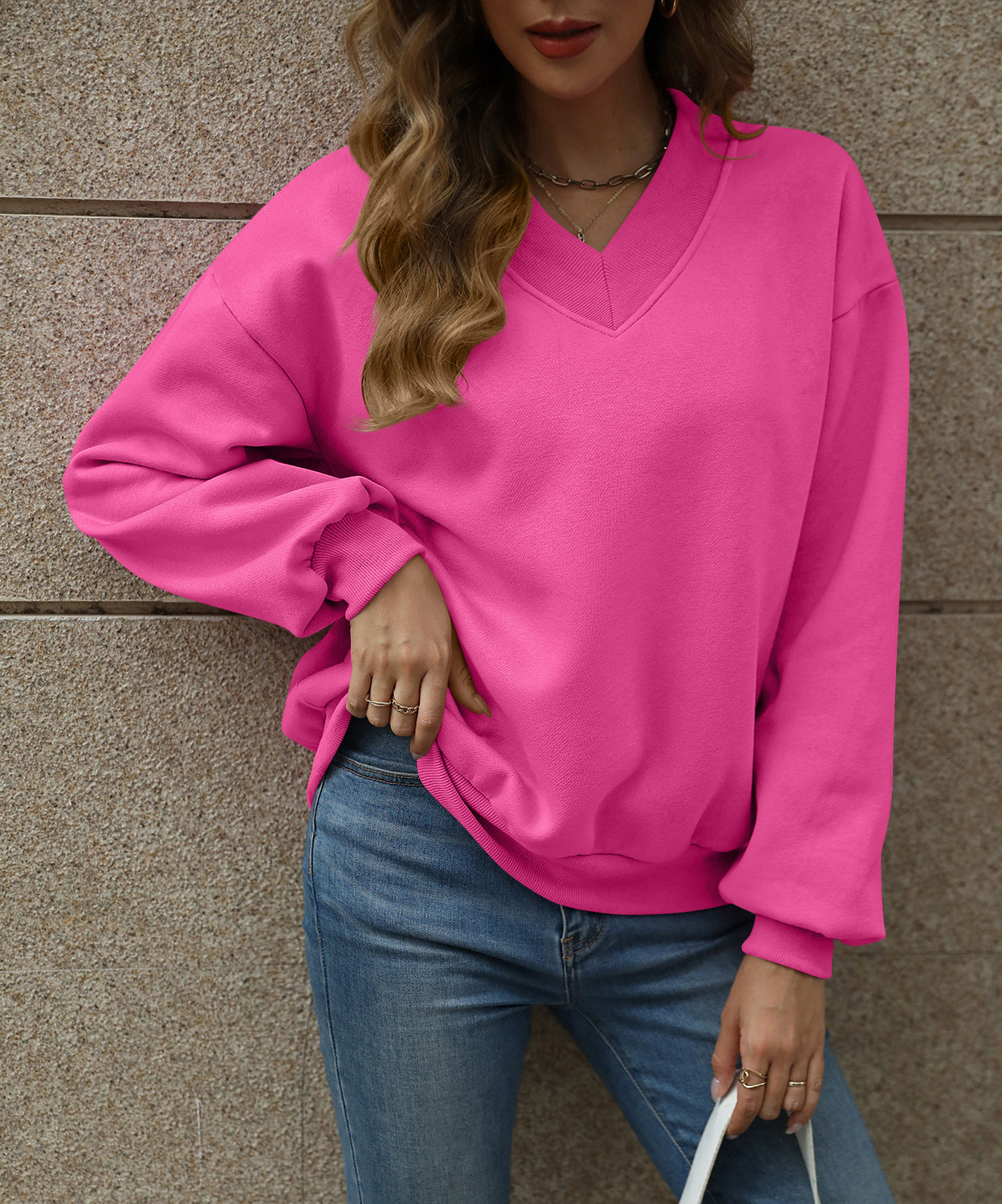 Colorblock V Neck Fleece Sweatshirt Women Casual Pullover Top