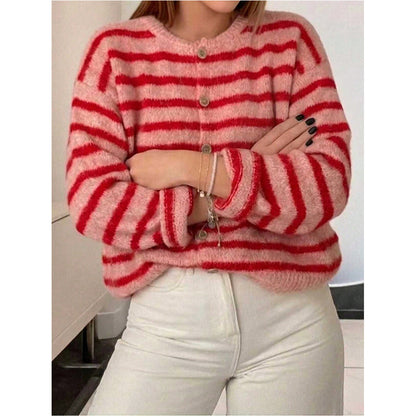 Striped Knit Cardigan Button Front Oversized Sweater