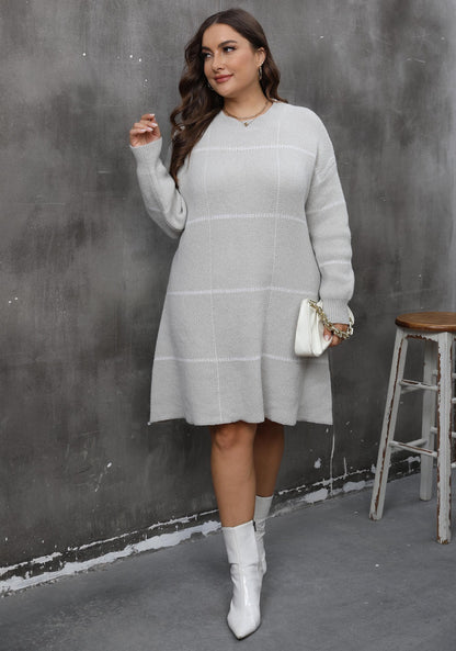 Women's Sweater Skirt Striped Contrasting Color Splicing Crew Neck Dress