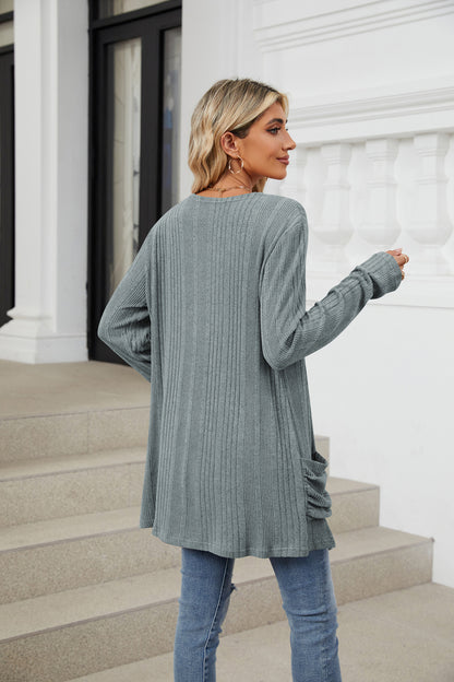 Women's Long Sleeve Ribbed Open Front Cardigan Pockets