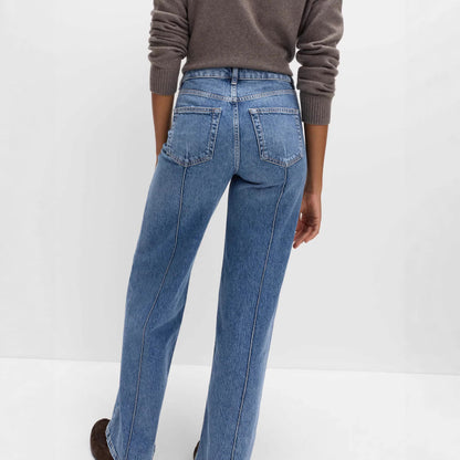 High Waist Contrast Stitch Wide Leg Washed Jeans