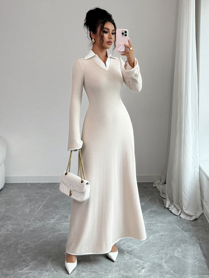 Ribbed Long Sleeve Collared Maxi Dress