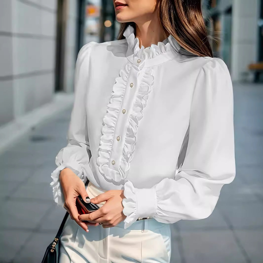 Women's Ruffled Puff Sleeve Button Up Blouse