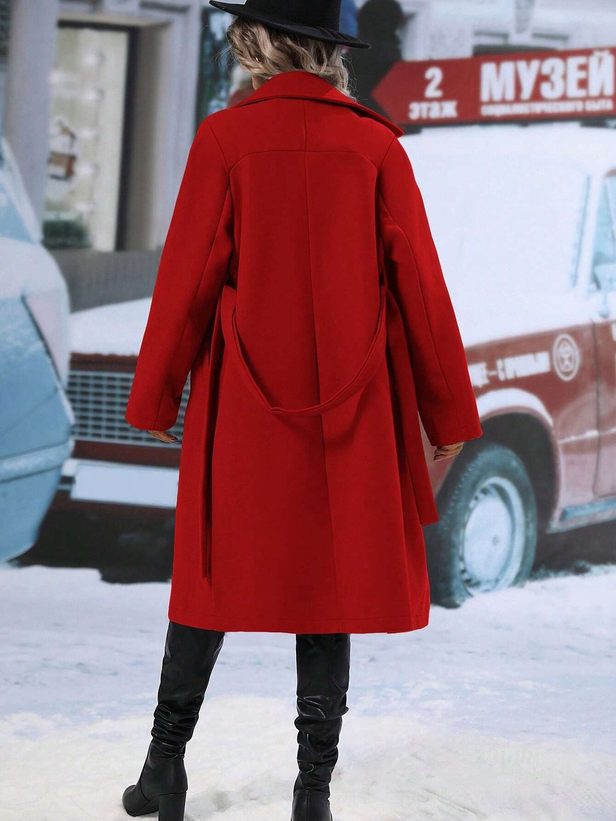 Women's Belted Double Breasted Long Wool Blend Coat