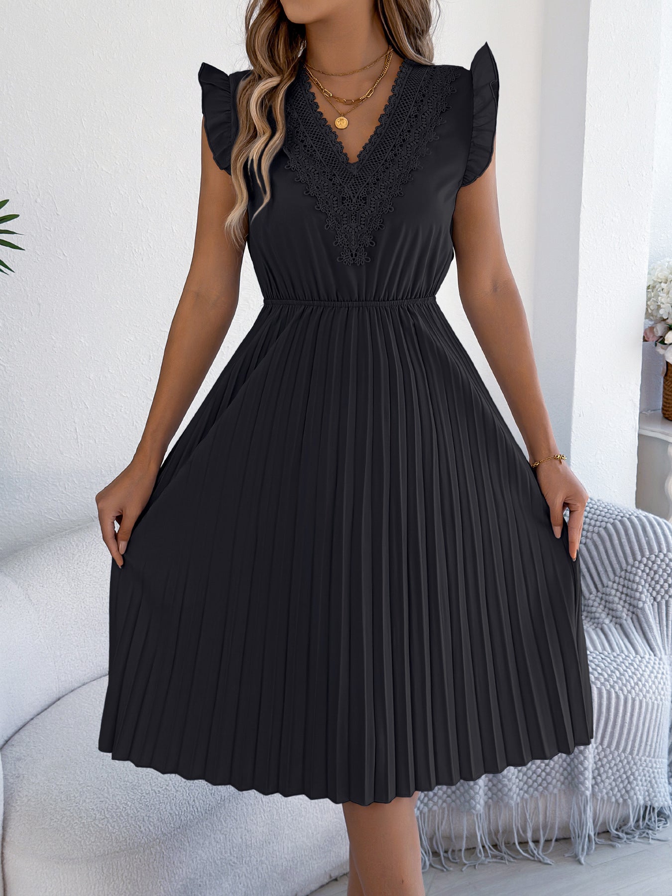 Lace V Neck Pleated Midi Dress with Ruffle Sleeves