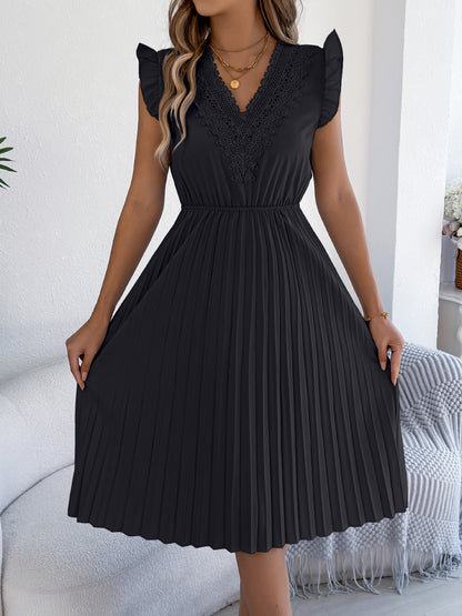 Lace V Neck Pleated Midi Dress with Ruffle Sleeves