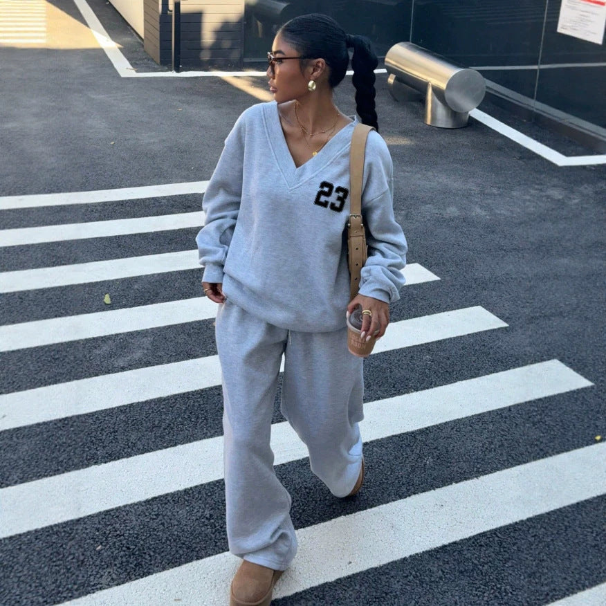 V Neck Graphic Sweatshirt Wide Leg Sweatpants Set