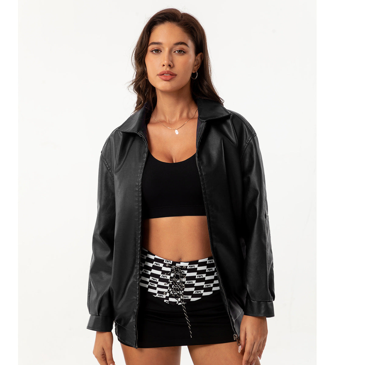 Womens Oversized Faux Leather Jacket Zip Up Casual