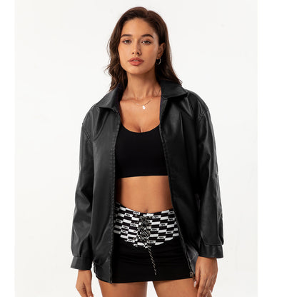 Womens Oversized Faux Leather Jacket Zip Up Casual