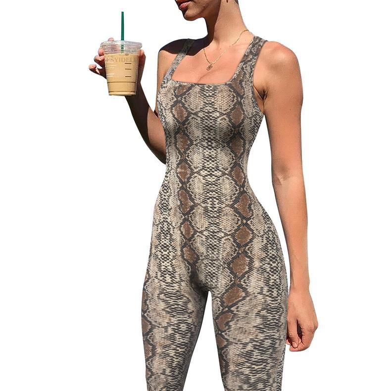 Women's Animal Print Square Neck Backless Bodycon Jumpsuit