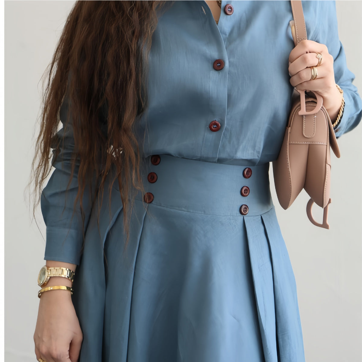 Elegant Women Long Sleeve Blouse Maxi Skirt Two Piece Set
