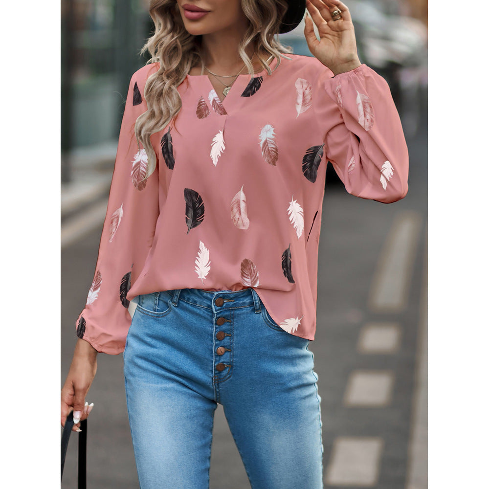 Feather Print V Neck Chiffon Blouse Long Sleeve Top