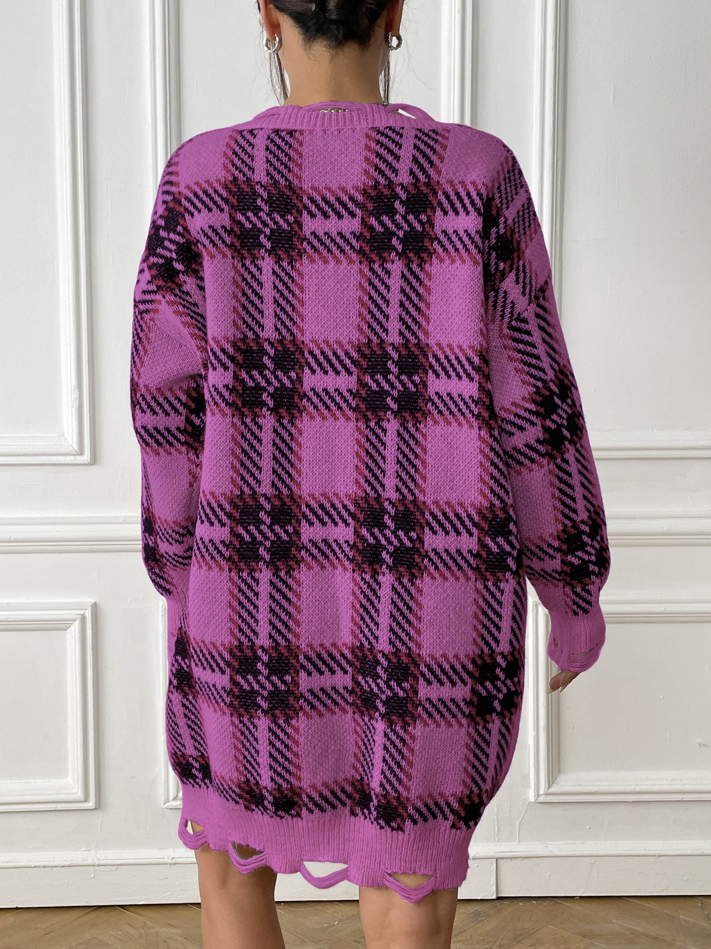 Women's Contrasting Color Splicing Plaid Dress V-neck Long Sleeve