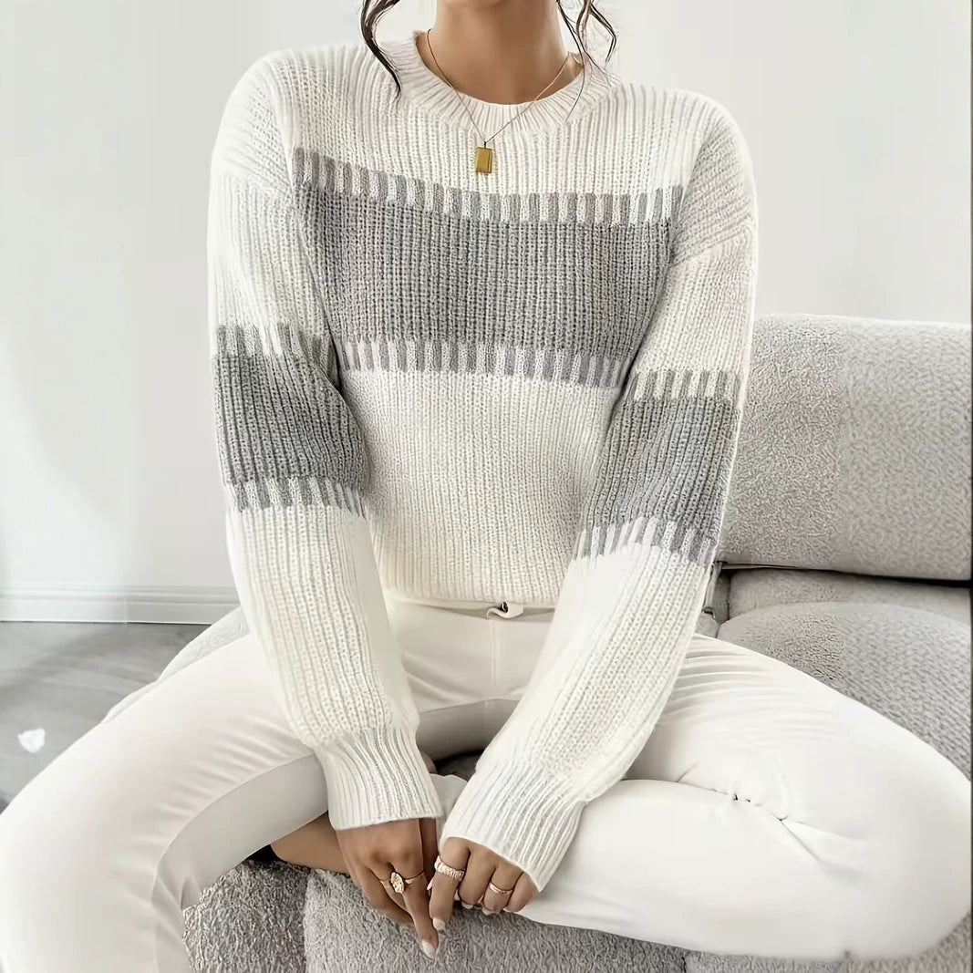 Women's Striped Crew Neck Oversized Knit Pullover Sweater