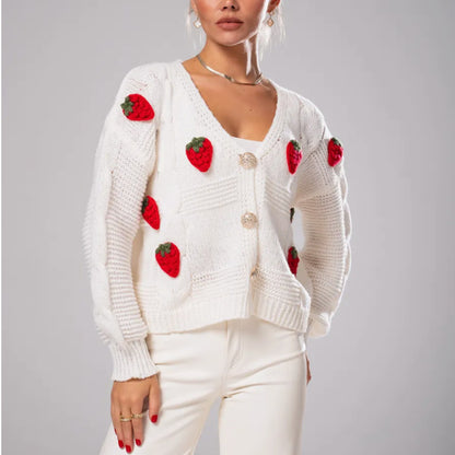 3D Strawberry V-Neck Oversized Knit Cardigan