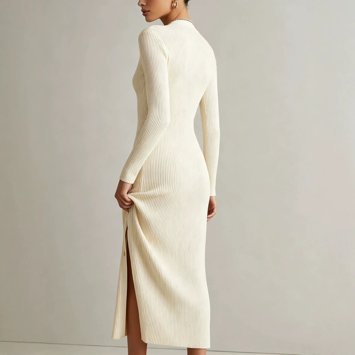 V-Neck Long Sleeve Ribbed Button Front Midi Sweater Dress