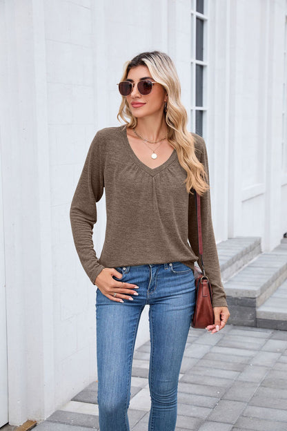 Women's Ruched V Neck Long Sleeve Loose Tunic Top
