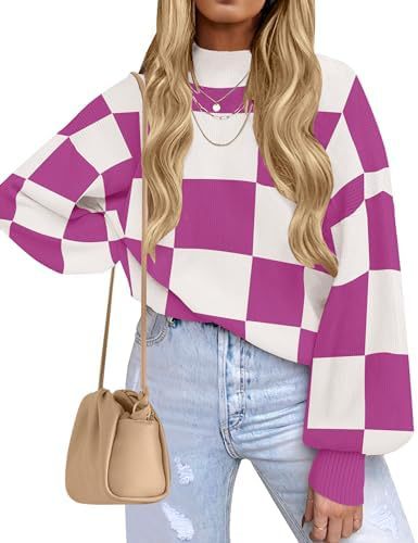 Women's Checkered Mock Neck Balloon Sleeve Sweater