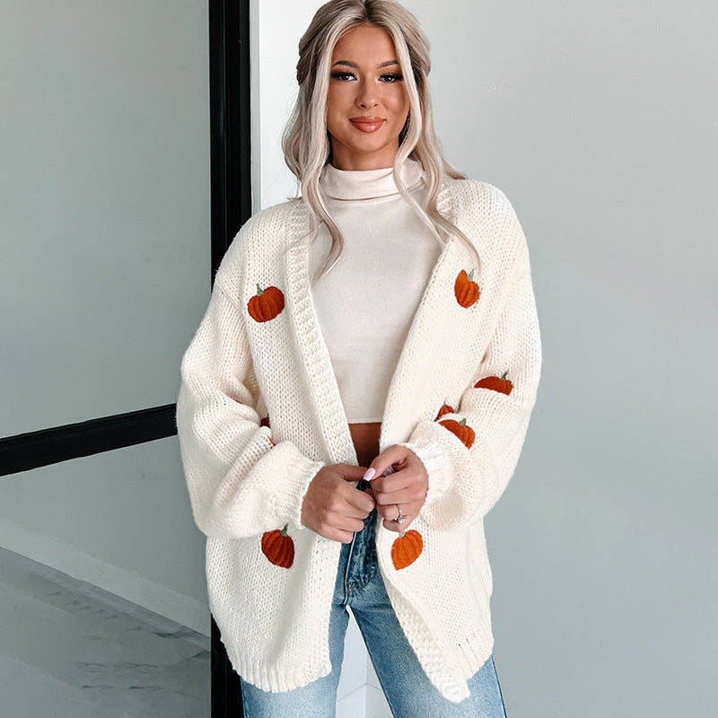 Women's 3D Pumpkin Chunky Knit Cardigan Sweater