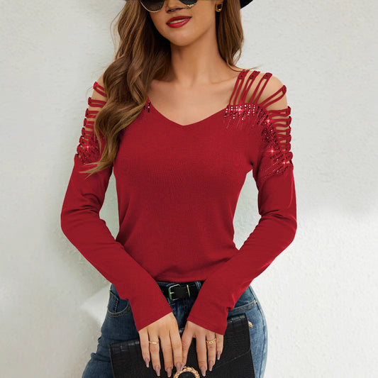 Lace Splicing V-Neck Long Sleeve T-Shirt with Hot Diamonds