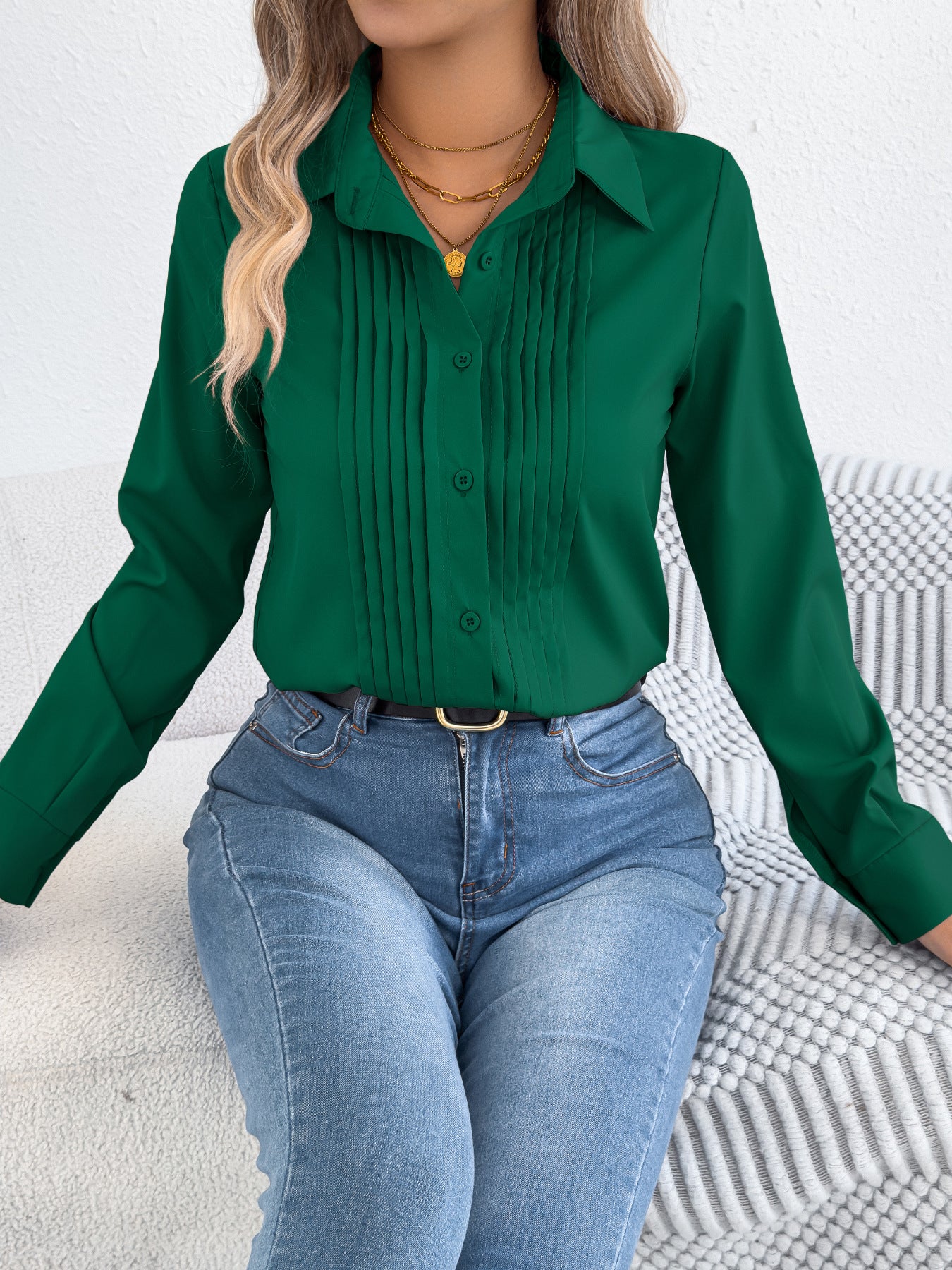 Elegant Pleated Long Sleeve Button Shirt for Women