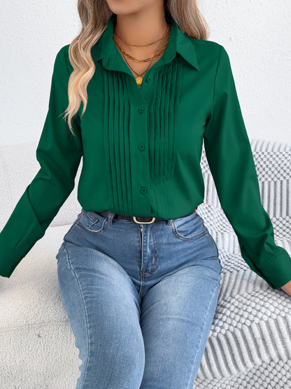Elegant Pleated Long Sleeve Button Shirt for Women