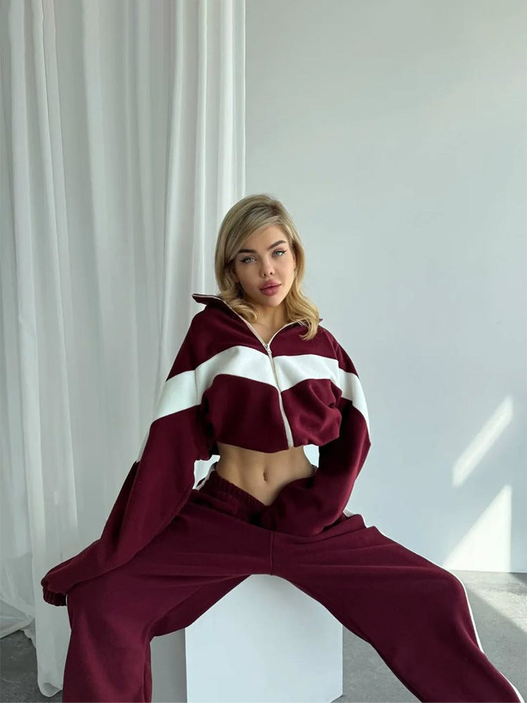 Womens Color Block Zip Up Tracksuit 2 Piece Set