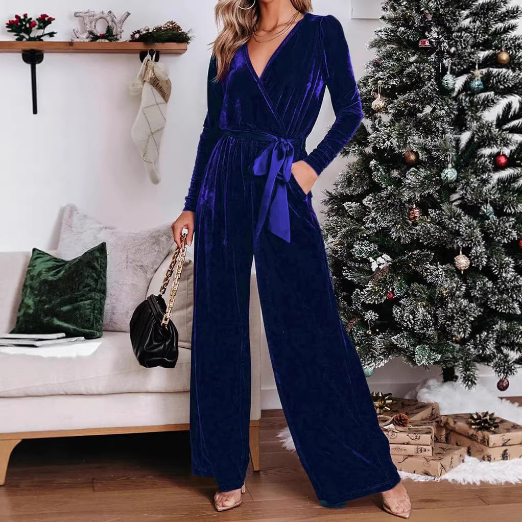 Women's Belted High Waist Wide Leg Long Sleeve Jumpsuit
