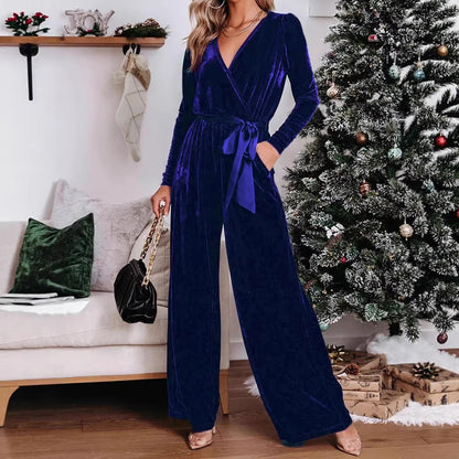 Women's Belted High Waist Wide Leg Long Sleeve Jumpsuit