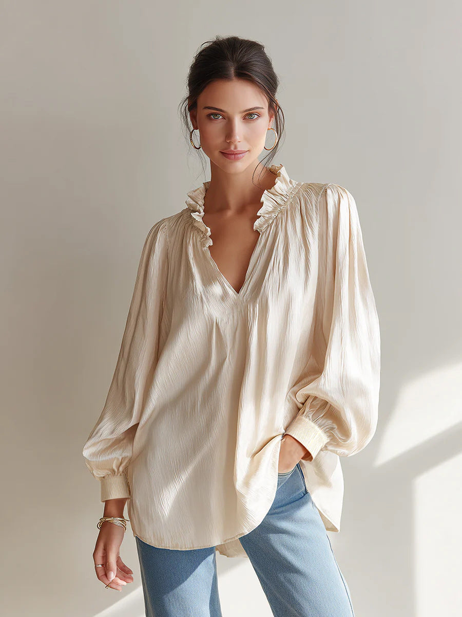 Women's Ruffle V-Neck Blouse Long Sleeve Loose Fit Top