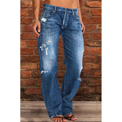 Women's Distressed Flare Jeans Vintage Wash Cotton Denim