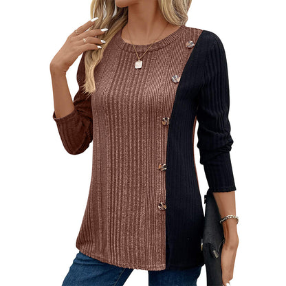 Color Block Button Split Top Casual Long Sleeve Cross-Border