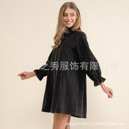 Denim Puff Sleeve Button Shirt Dress Casual Mini Dress