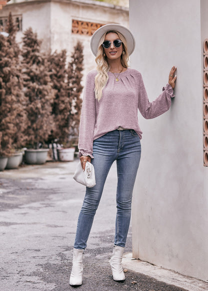Round Neck Pleated Long Sleeve Brushed Knit Top