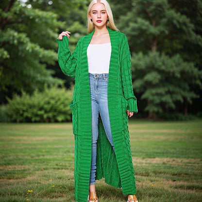 Long Cable Knit Open Front Cardigan with Pockets