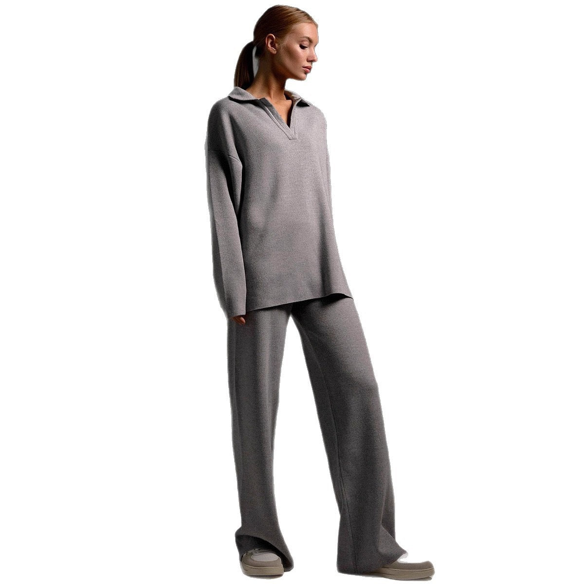 Women's Cozy Polo Top Wide Leg Pants Matching Set