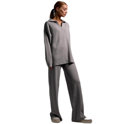 Women's Cozy Polo Top Wide Leg Pants Matching Set