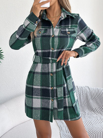 Plaid Shirt Dress Belted Long Sleeve Mini Casual