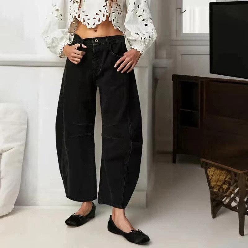 Women's Baggy Cropped Jeans Relaxed Fit Stretch