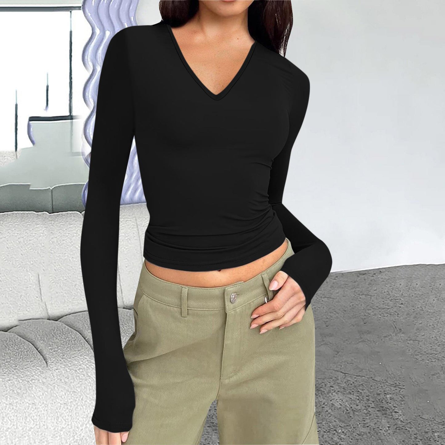 Women's V-Neck Long Sleeve Slim Fit Basic Top