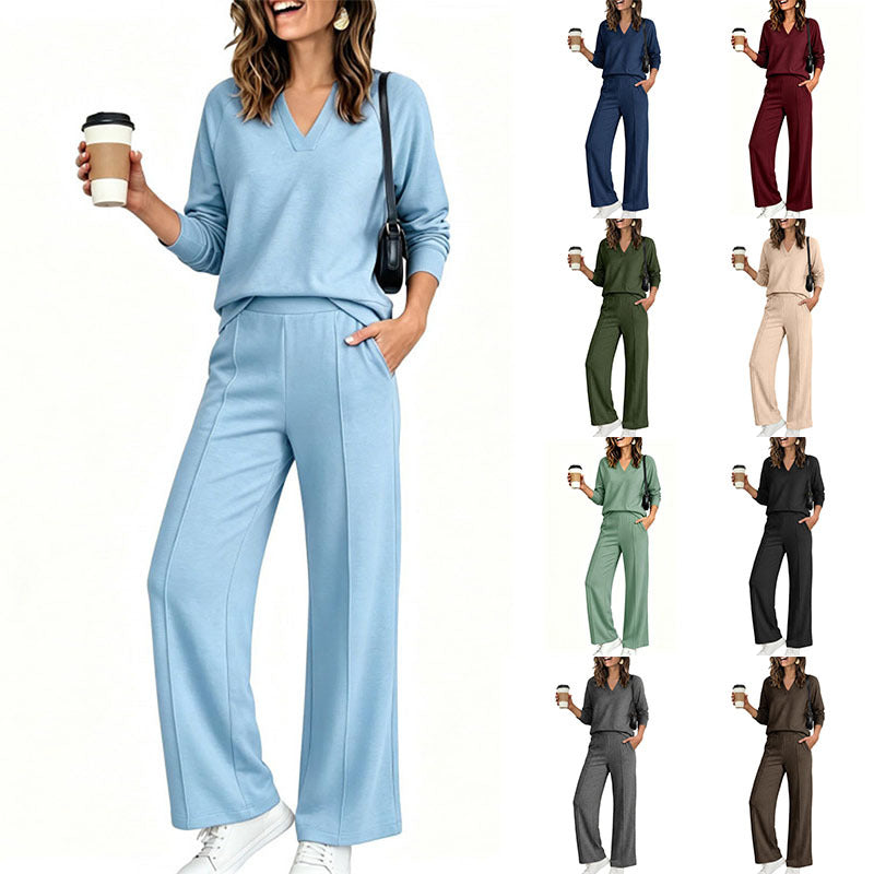 Women's V-Neck Top Wide Leg Pants 2 Piece Set