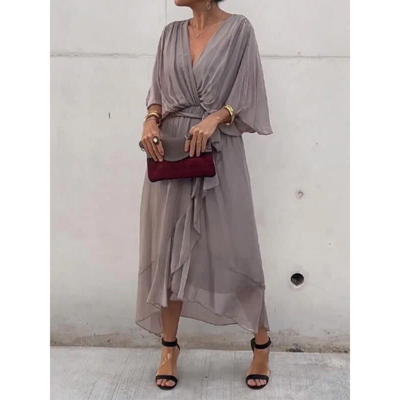 Women's V-Neck Batwing Chiffon Midi Dress Tie Waist Flowy