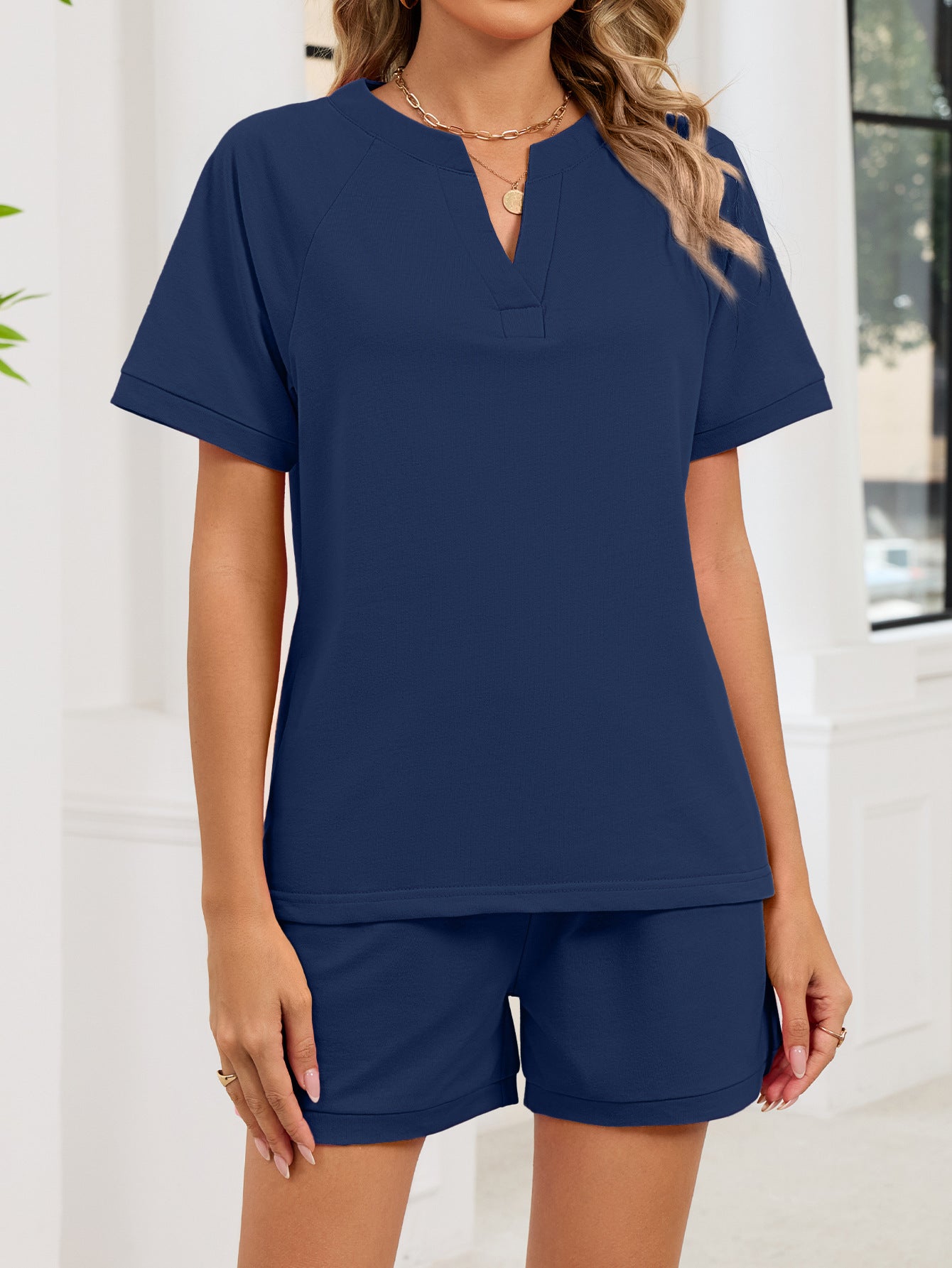 V Neck Short Sleeve Top and Drawstring Shorts Set