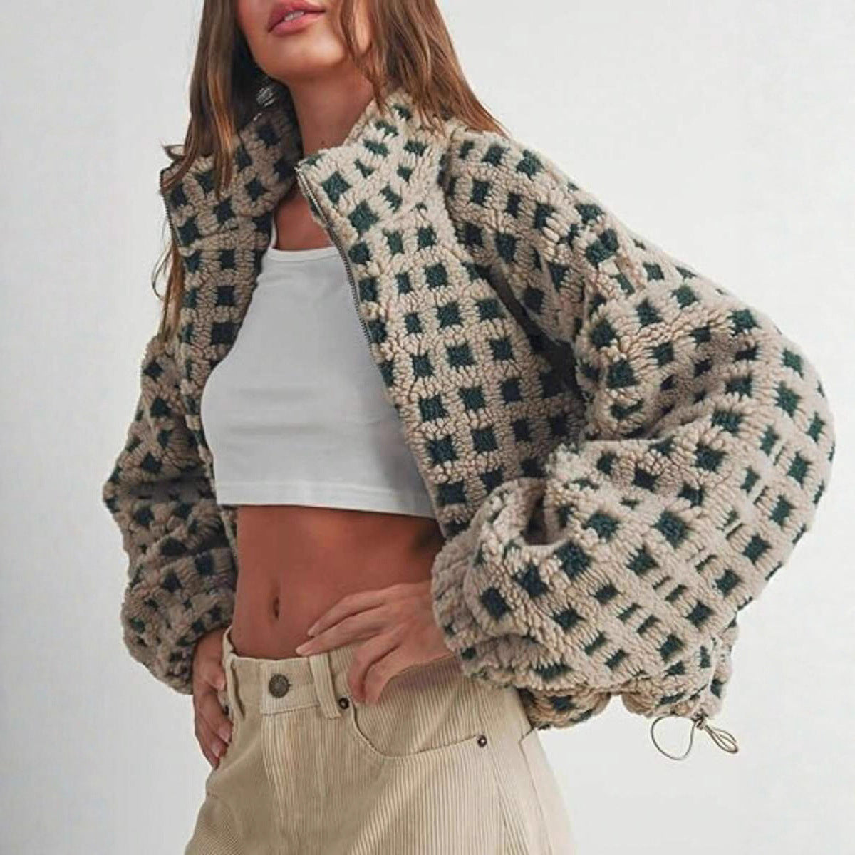 Women's Oversized Checkered Sherpa Fleece Jacket