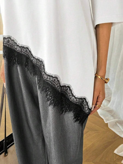 Lace Trim T Shirt Loose Fit Short Sleeve Top